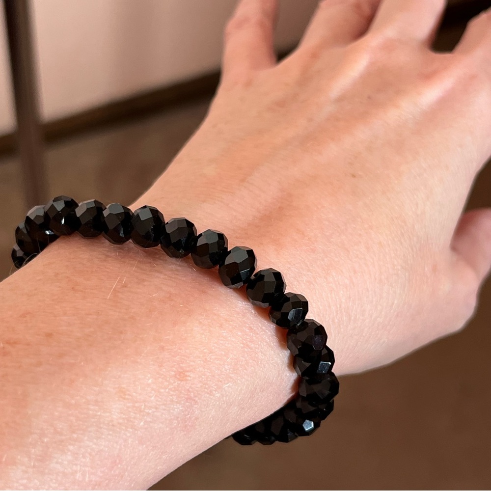 Vintage Victorian Black faceted glass beaded Goth stretch Bracelet